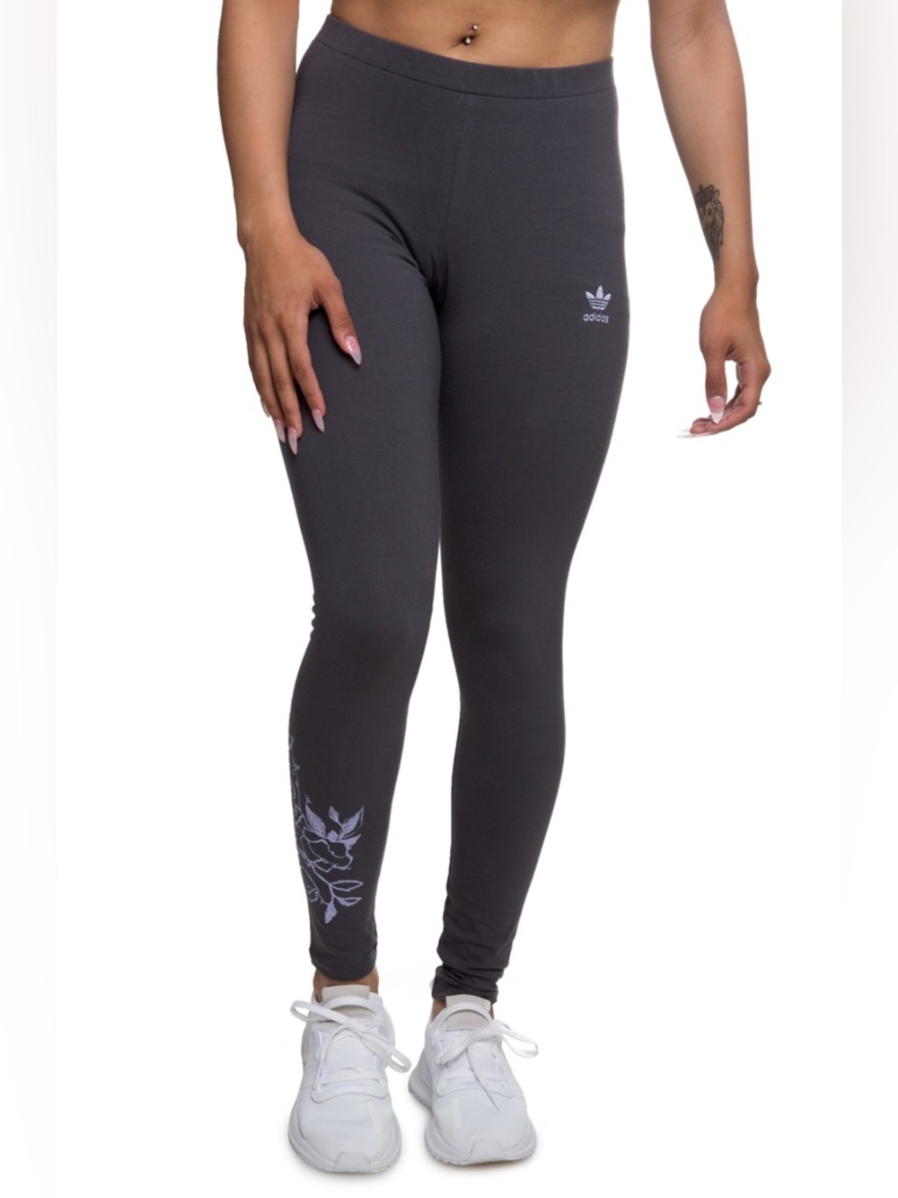 NWT Adidas Grey Floral Tights Leggings Trefoil Logo Athletic Athleisure